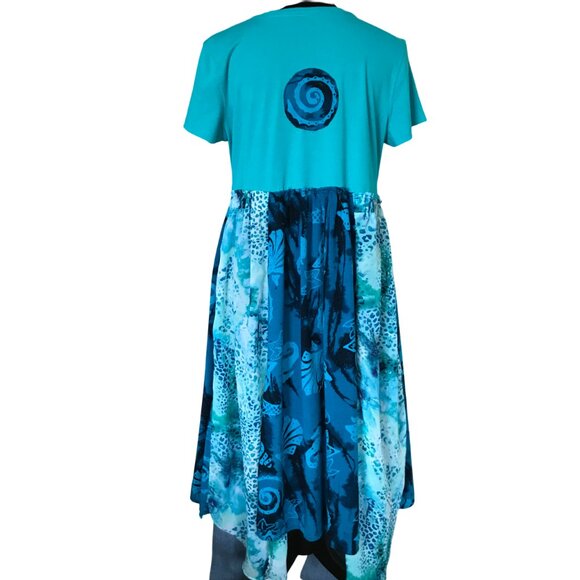 Boho Upcycled Patchwork Midi Dress, Size M: Teal Blue Ocean Print Beach Dress - Picture 3 of 15
